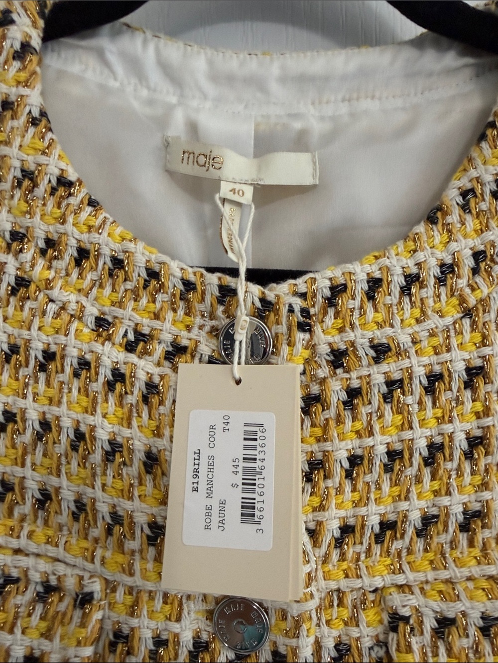 Textured Yellow Tweed Dress with Button Front - Picture 3 of 3